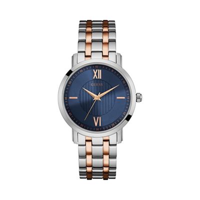 Mens silver and rose gold watch with blue dial w0716g2